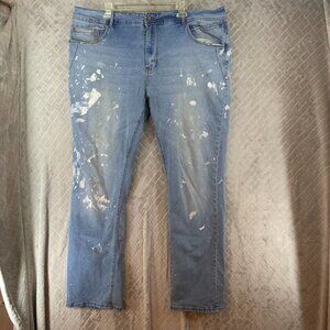 Bleecker & Mercer Mens 42x34 Denim Jeans Blue Paint Splatter Light Wash Stretch